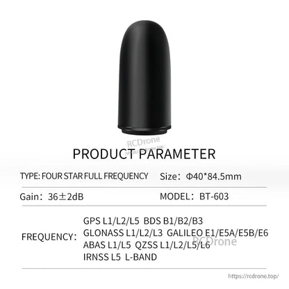 BEITIAN BT Series GNSS Helical Antenna, BEITIAN BT-603 GNSS helical antenna with black dome housing, 40×84.5 mm size and 36±2 dB gain specs
