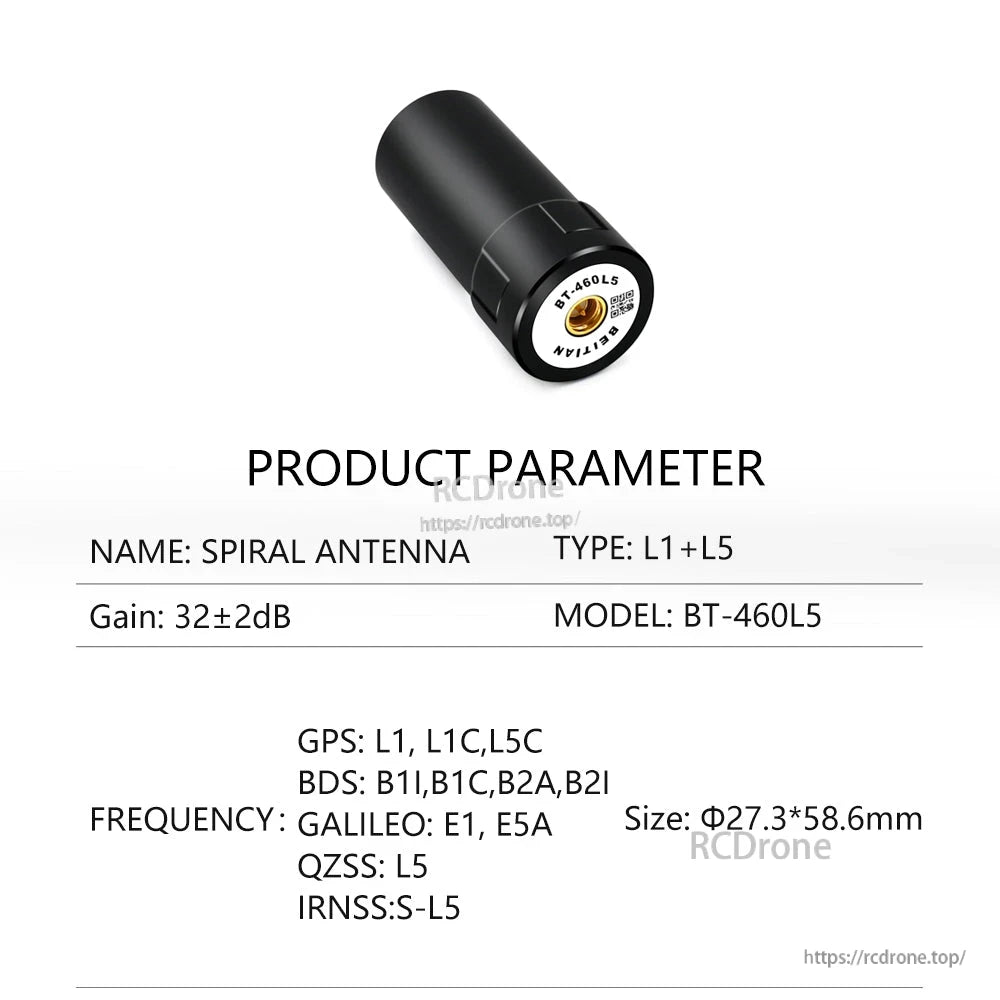 BT-460L5 product parameter sheet, L1+L5 spiral antenna with listed GPS/BDS/Galileo/QZSS/IRNSS