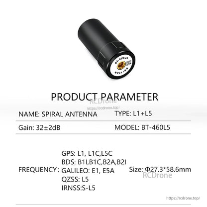 BT-460L5 product parameter sheet, L1+L5 spiral antenna with listed GPS/BDS/Galileo/QZSS/IRNSS