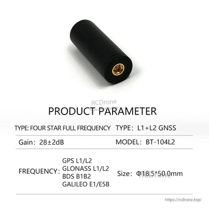 BT-104L2 product parameter sheet, L1+L2 GNSS antenna with listed bands and size Φ18.5×50.0 mm