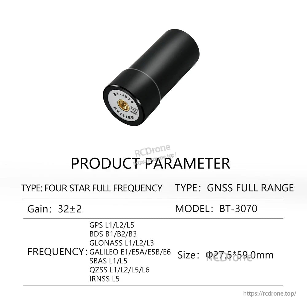 BT-3070 product parameter sheet, GNSS full range antenna with frequency list and size details