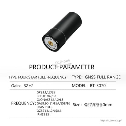 BT-3070 product parameter sheet, GNSS full range antenna with frequency list and size details