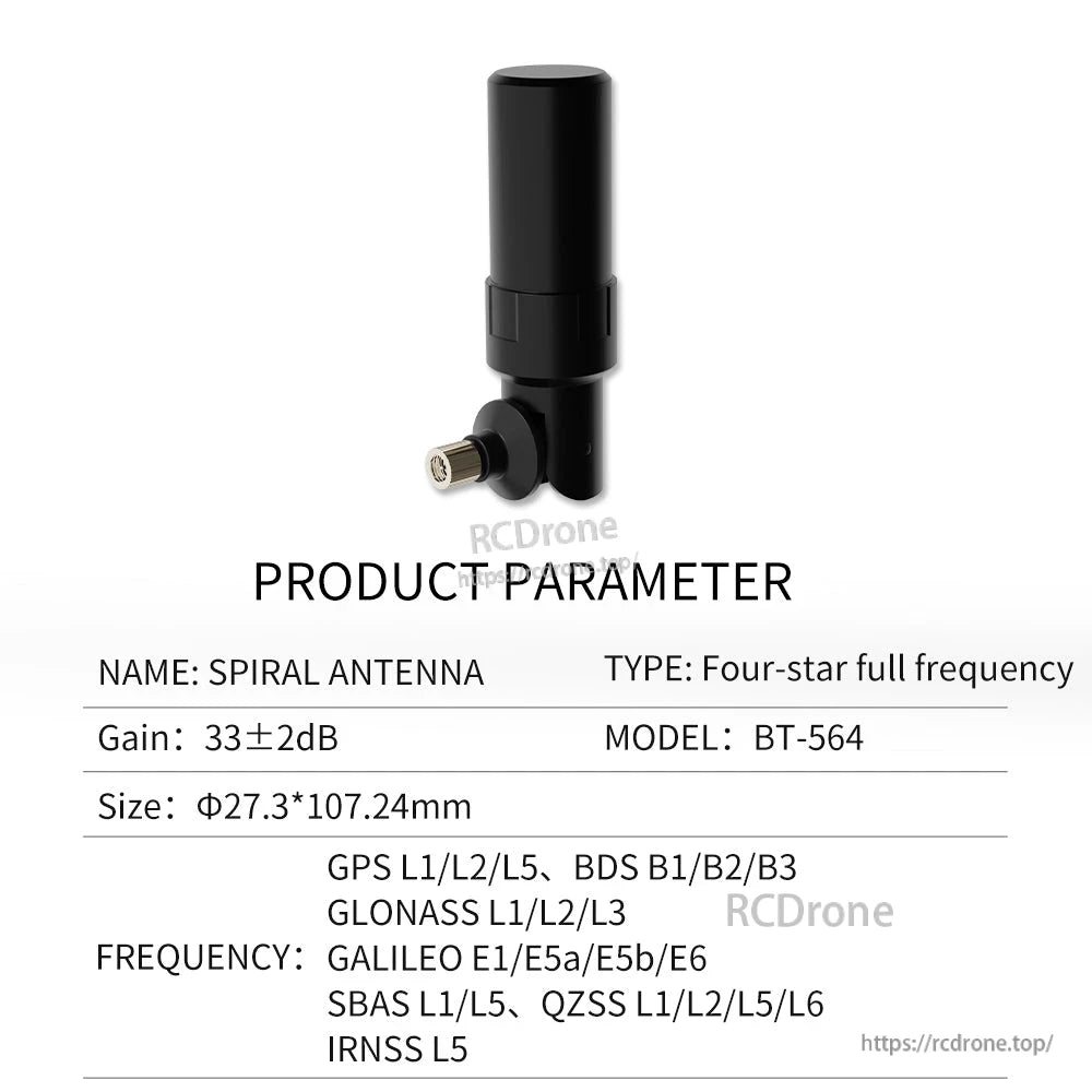 BEITIAN BT Series GNSS Helical Antenna, BEITIAN BT-564 GNSS helical spiral antenna with right-angle coax connector, 33±2 dB gain, 27.3×107.