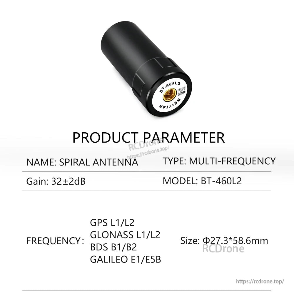 BT-460L2 product parameter sheet, multi-frequency antenna with GPS L1/L2 and Galileo E1/E5B