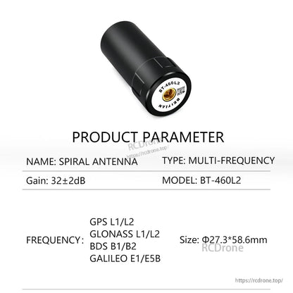 BT-460L2 product parameter sheet, multi-frequency antenna with GPS L1/L2 and Galileo E1/E5B