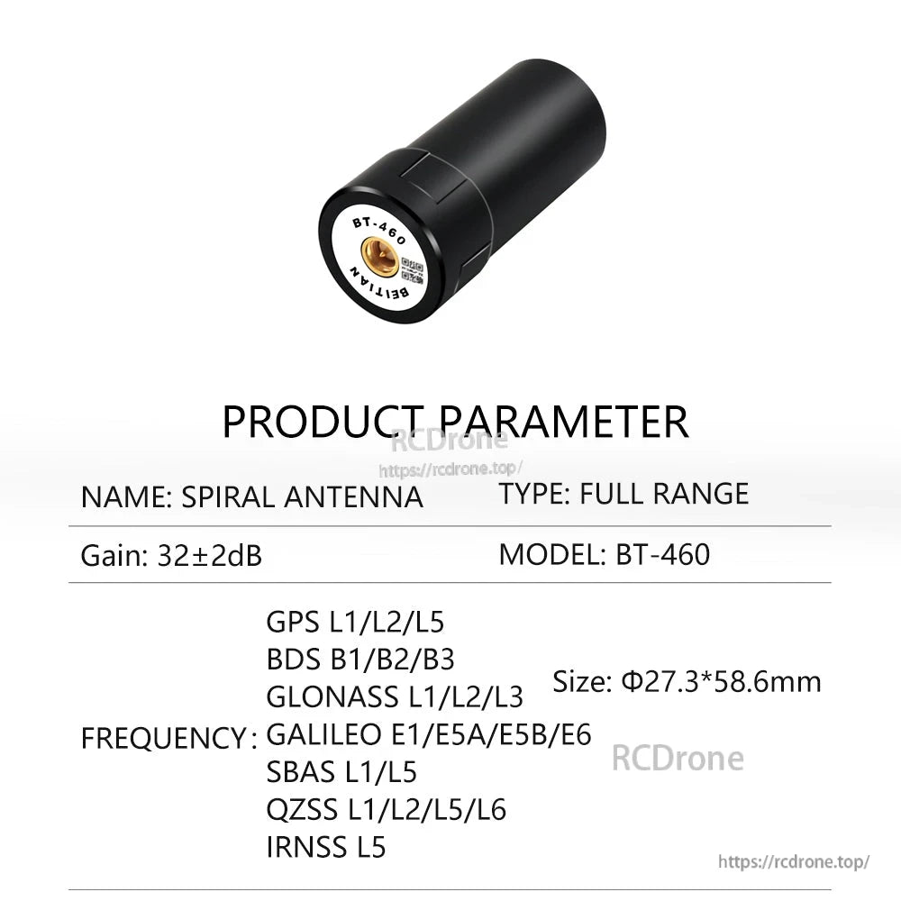 BT-460 product parameter sheet, full range spiral antenna with multi-system frequency list