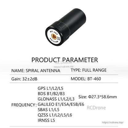 BT-460 product parameter sheet, full range spiral antenna with multi-system frequency list