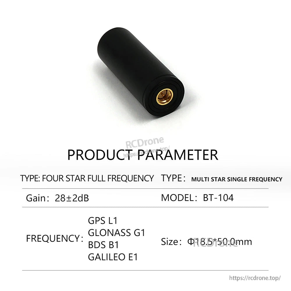 BT-104 product parameter sheet for four-star full frequency antenna, GPS L1/GLONASS G1/BDS B1/Galileo E1