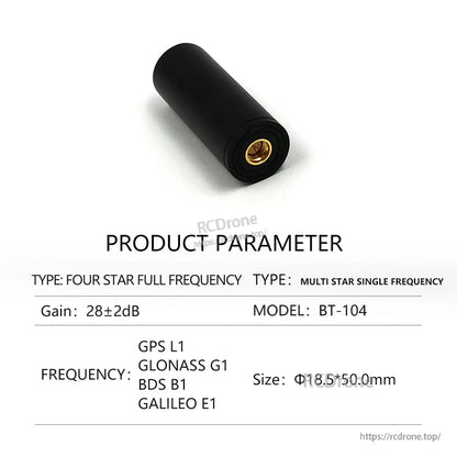 BT-104 product parameter sheet for four-star full frequency antenna, GPS L1/GLONASS G1/BDS B1/Galileo E1