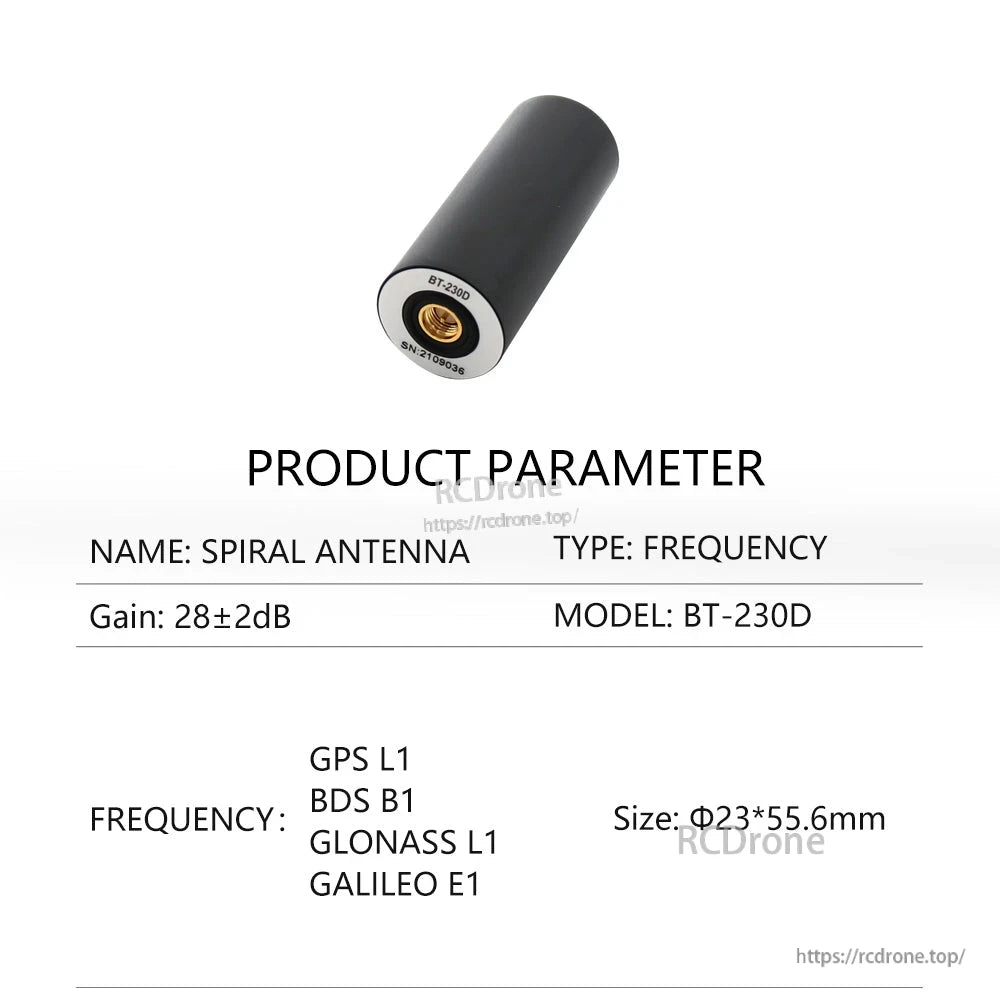 BT-230D product parameter sheet for spiral antenna, GPS L1/BDS B1/GLONASS L1/Galileo E1