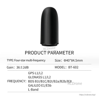 BEITIAN BT Series GNSS Helical Antenna, BEITIAN BT-602 GNSS helical antenna, black dome, 40×84.5 mm, 36±2 dB gain, multi-band GPS/GLONASS/B.