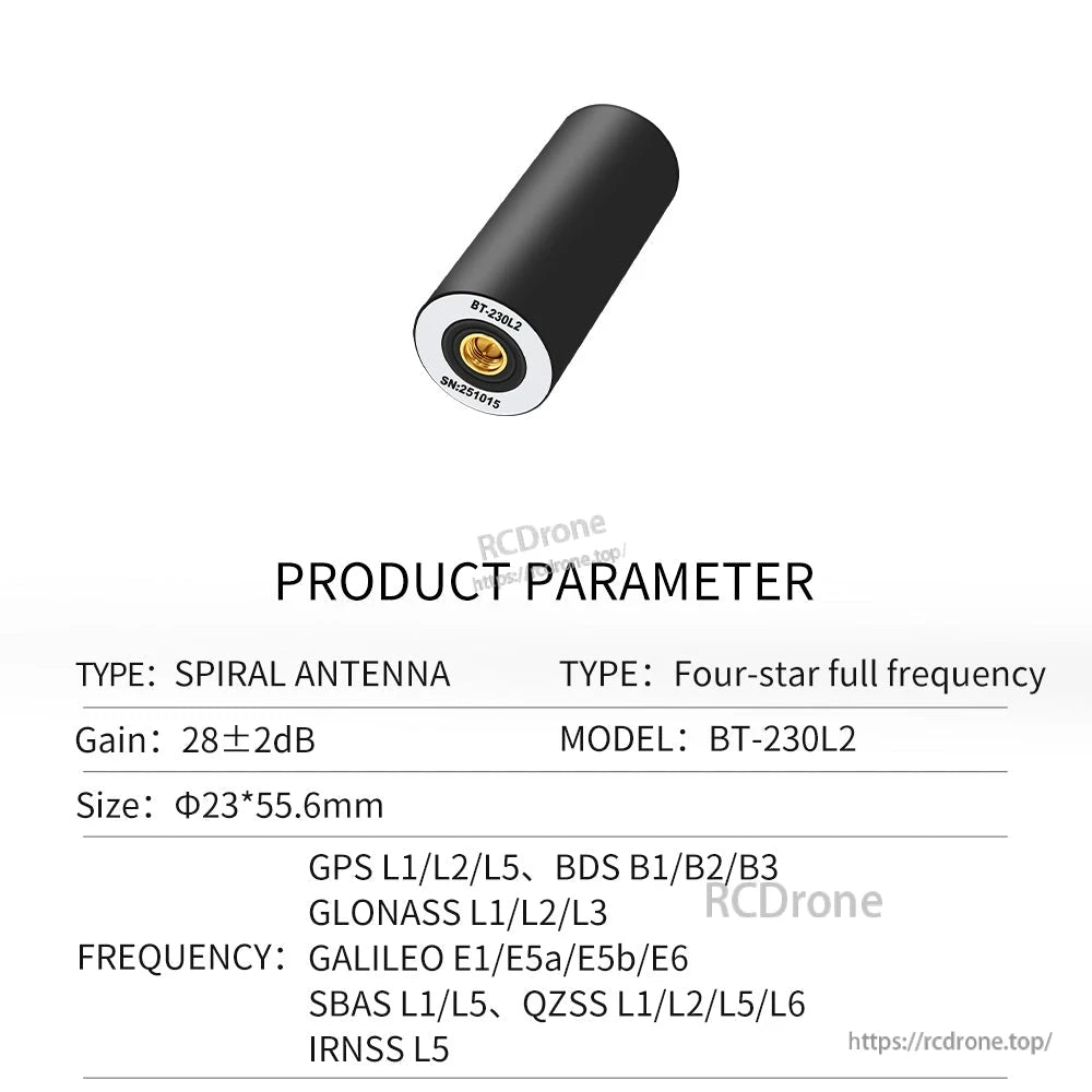 BEITIAN BT Series GNSS Helical Antenna, BEITIAN BT-230L2 GNSS helical antenna, black cylindrical body with SMA connector, 28±2 dB gain, 23×.