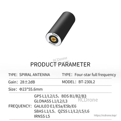 BEITIAN BT Series GNSS Helical Antenna, BEITIAN BT-230L2 GNSS helical antenna, black cylindrical body with SMA connector, 28±2 dB gain, 23×.
