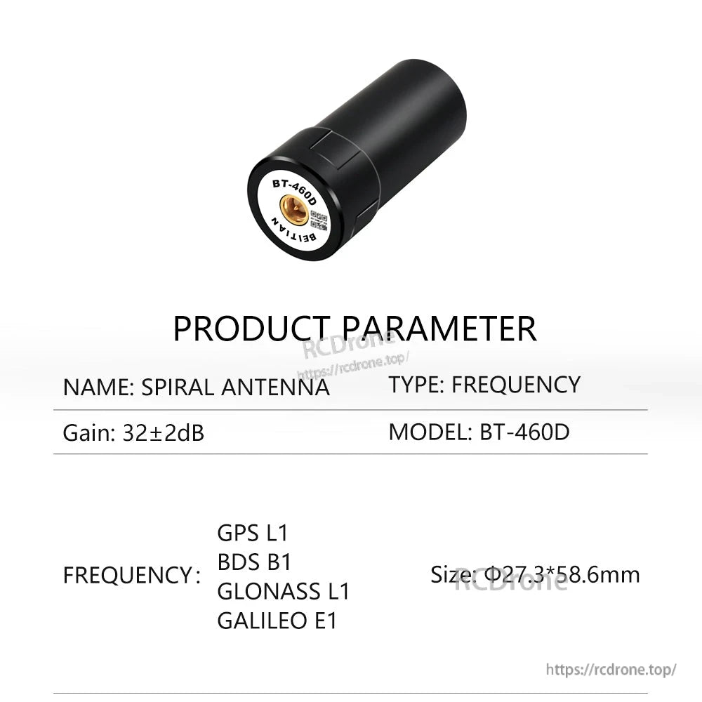 BT-460D product parameter sheet for spiral antenna, GPS L1/BDS B1/GLONASS L1/Galileo E1