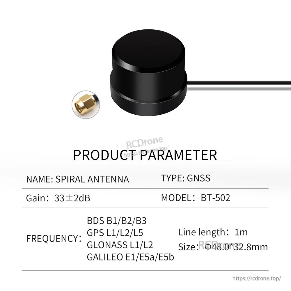 BEITIAN BT Series GNSS Helical Antenna, BEITIAN BT-502 GNSS helical spiral antenna with 1m cable, SMA connector, 33±2 dB gain, 48×32.8mm