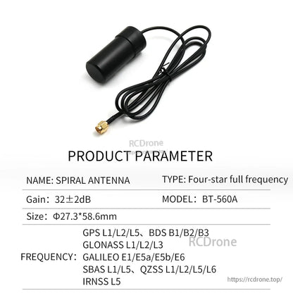 BEITIAN BT Series GNSS Helical Antenna, BEITIAN BT-560A GNSS helical spiral antenna with SMA connector and cable, 32±2 dB gain, Ø27.3×58.6.