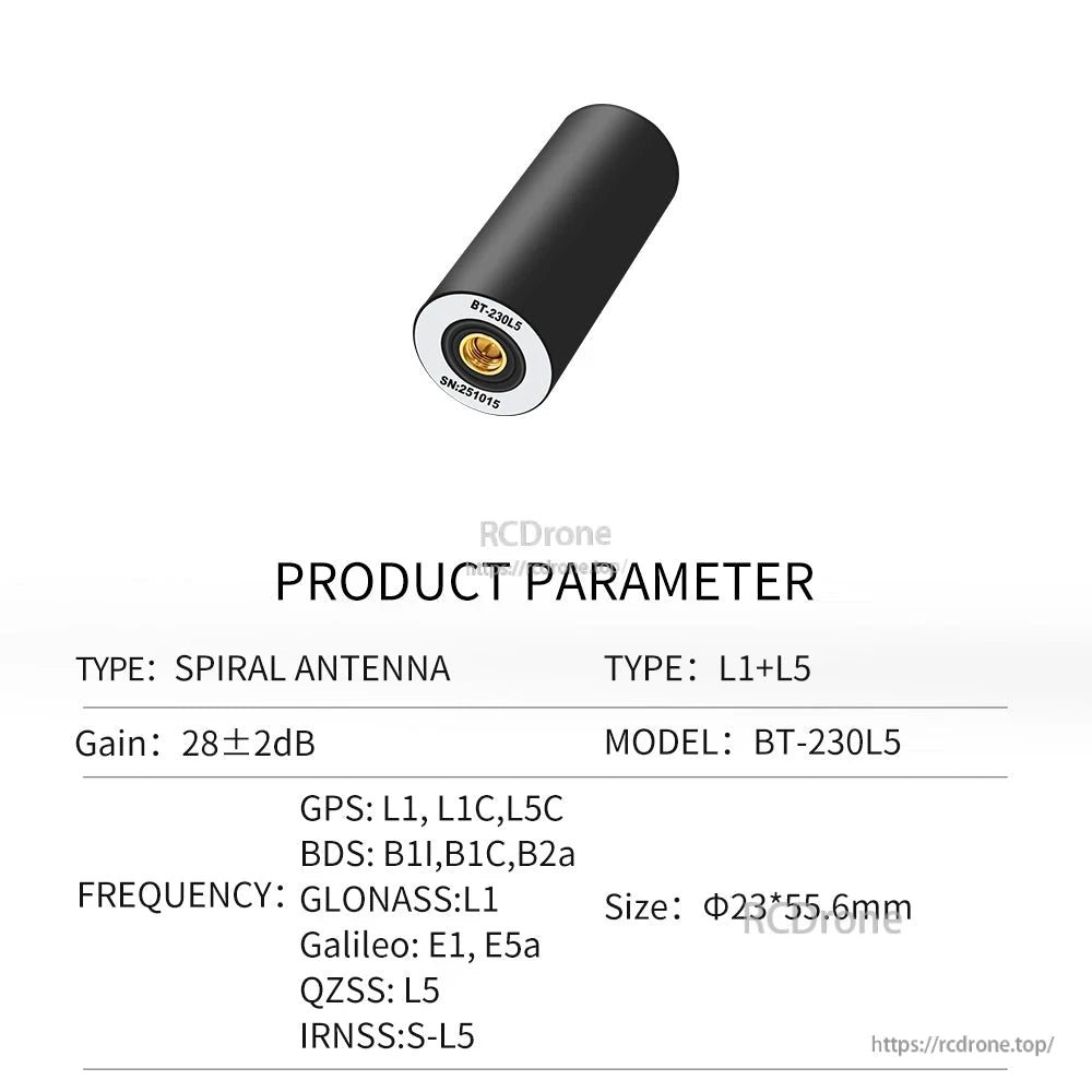BEITIAN BT Series GNSS Helical Antenna, BEITIAN BT-230L5 GNSS helical antenna with SMA connector, L1+L5, 28±2 dB gain, 23×55.6 mm