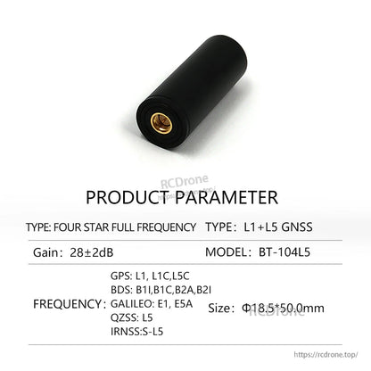 BT-104L5 product parameter sheet, L1+L5 GNSS antenna with listed systems and size Φ18.5×50.0 mm