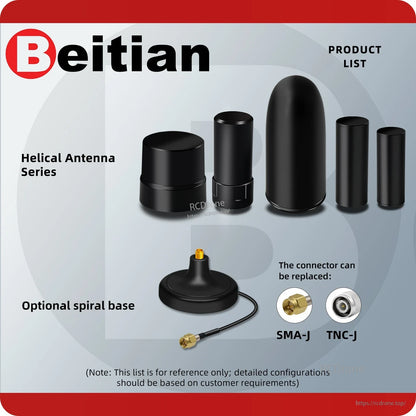 Helical antenna series product list with optional spiral base cable and connector options SMA-J, TNC-J