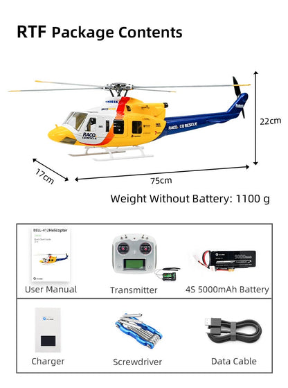 Flywing Bell-412 Scale RC Helicopter, Flywing Bell-412 RC helicopter, 75cm, 1100g, comes with transmitter, 4S 5000mAh battery, charger, tools, and manual.