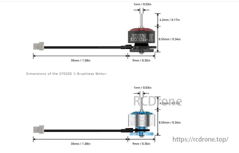 BETAFPV 0702 Brushless FPV Motor, BETAFPV 0702SE II motors: 35mm long, 9mm diameter, red/blue options, precise FPV measurements.