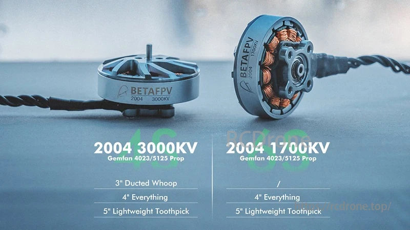 BETAFPV 2004 3000KV 4S Brushless Motor, BETAFPV 2004 3000KV motor is perfect for various propellers, suitable for 3" ducted whoop, 4" general use, and 5" lightweight toothpick applications.