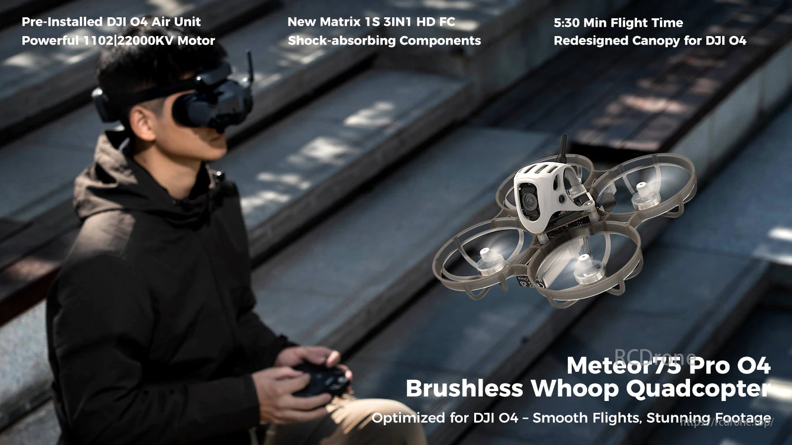 BETAFPV, Meteor75 Pro O4 Whoop Quadcopter with DJI O4, brushless motor, Matrix 1S FC, shock-absorbing parts, smooth flight, and stunning footage.