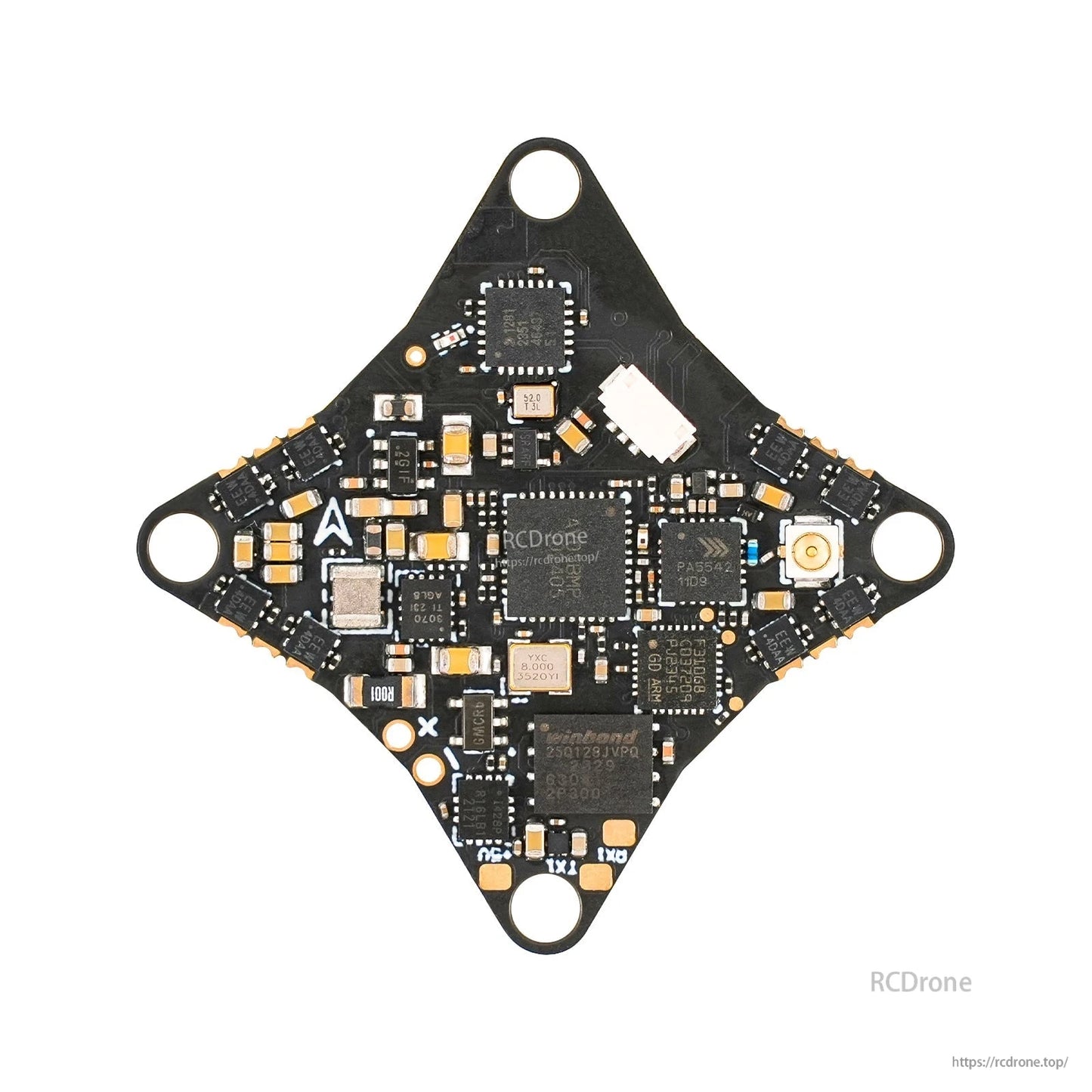 Component-side close view in diamond orientation, showing chip layout, pad labels, and mounting holes