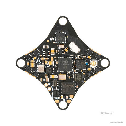 Component-side close view in diamond orientation, showing chip layout, pad labels, and mounting holes