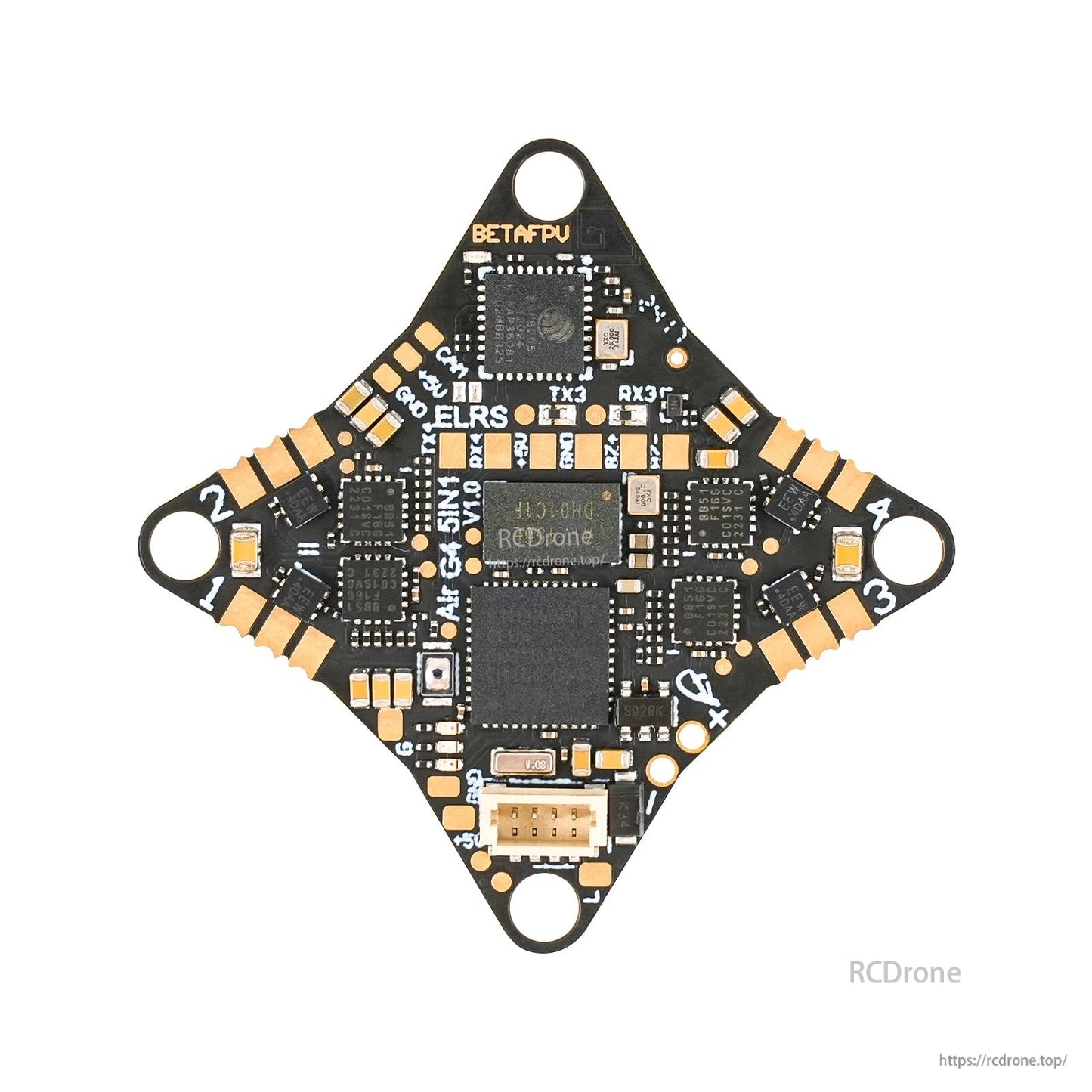 Reverse-side close view in diamond orientation with solder pads, numbered corners, and board connector