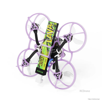 BETAFPV ducted micro quadcopter with purple whoop frame, white props, and LAVA 520mAh 1S 3.8V battery