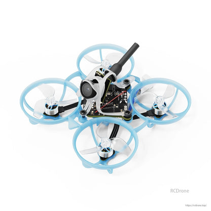 BETAFPV micro whoop FPV quadcopter with blue ducted prop guards, front camera, and top-mounted antenna