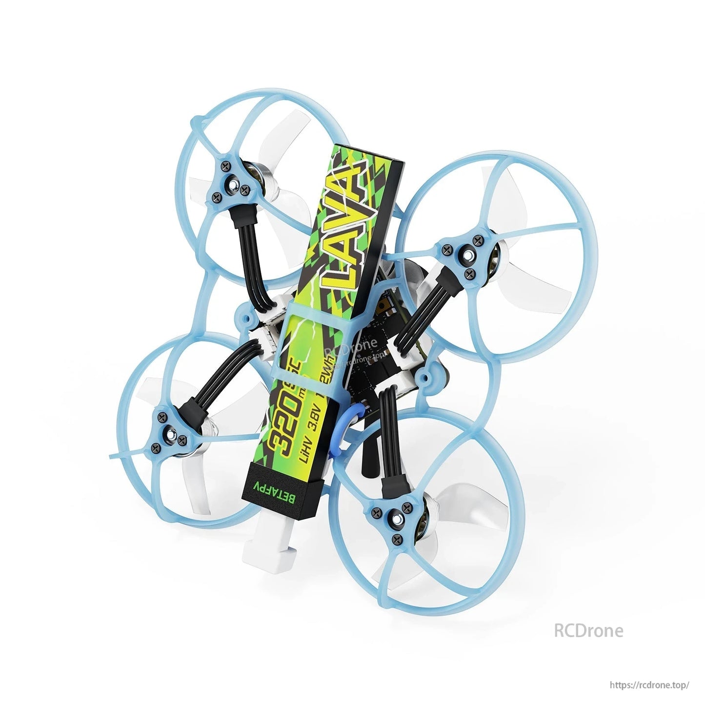 BETAFPV micro whoop drone with blue ducted prop guards and a top-mounted LAVA 1S 320mAh battery
