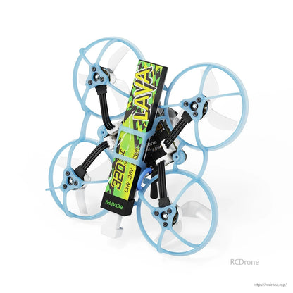 BETAFPV micro whoop drone with blue ducted prop guards and a top-mounted LAVA 1S 320mAh battery