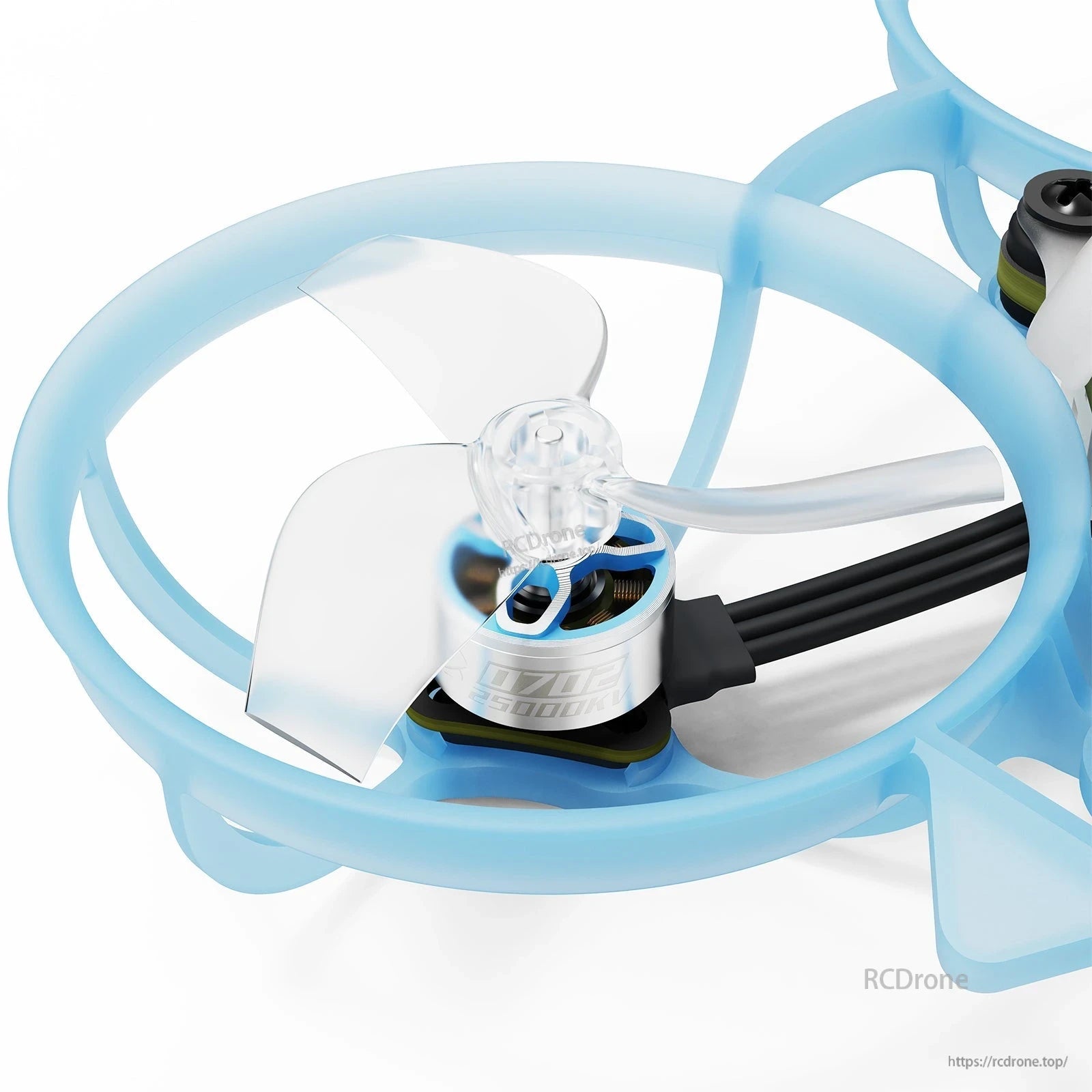 Close-up of BETAFPV micro whoop duct with clear tri-blade propeller and brushless motor wiring