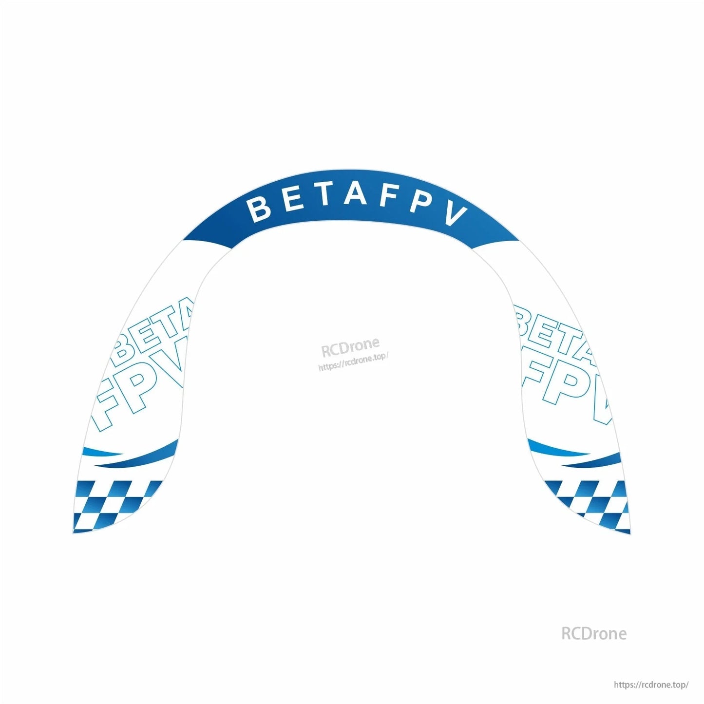Arch-shaped FPV race gate with BETAFPV branding and blue checkered lower panels, isolated on white background