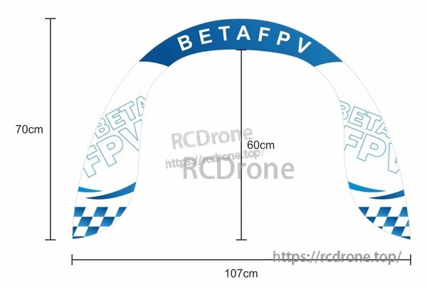 BETAFPV Arch Gate size diagram showing 107 cm width, 70 cm height, and 60 cm inner height