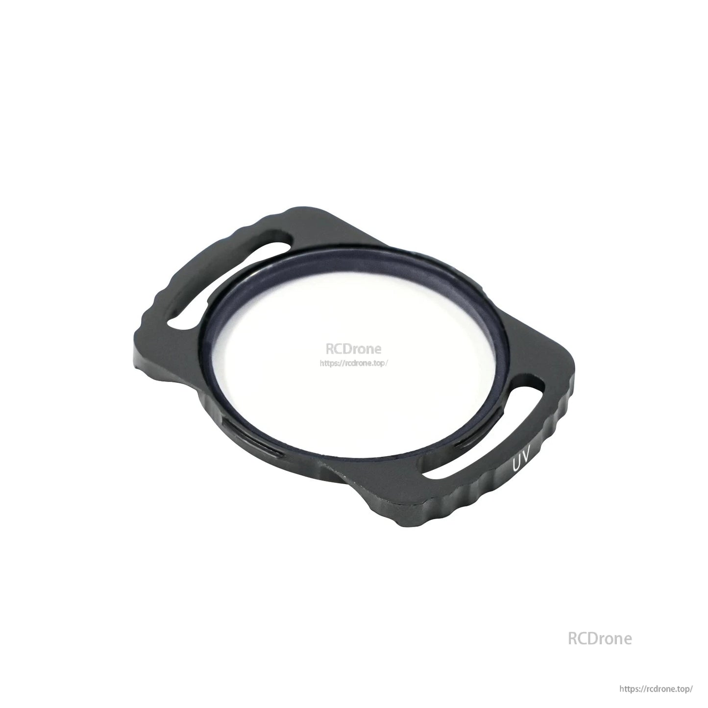 UV filter for DJI O3 camera, close-up of clear lens in black frame with UV marking