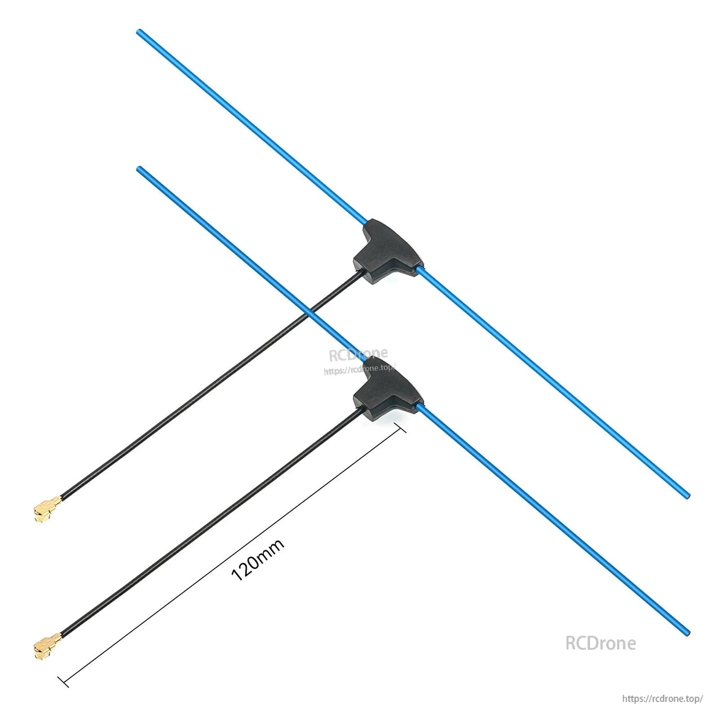 Dipole T antenna length diagram showing 120mm cable lead measurement