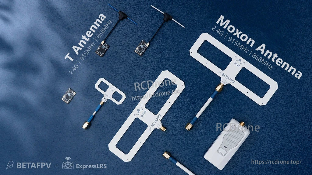 BETAFPV Dipole T Antenna set with U.FL leads, compared with Moxon antennas on a blue background