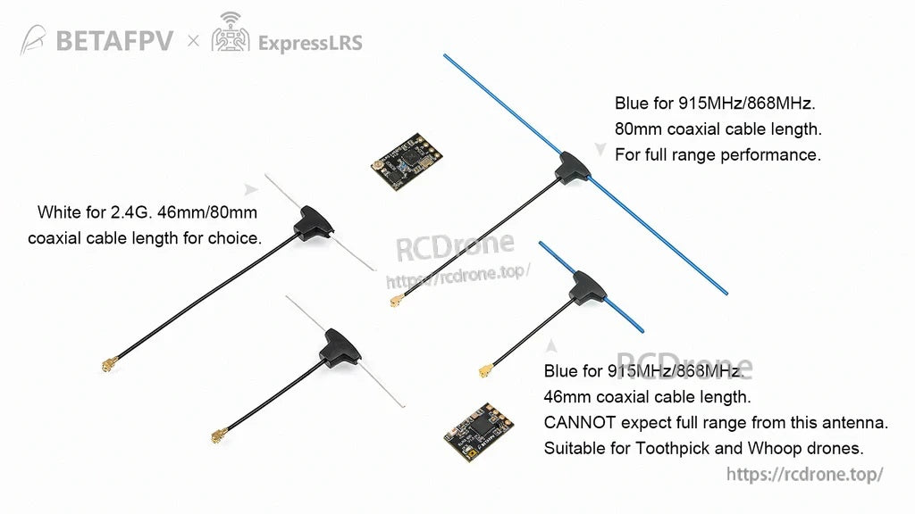Color and coax length options for the T antenna: white 2.4G (46/80mm) and blue 915/868MHz (46/80mm)