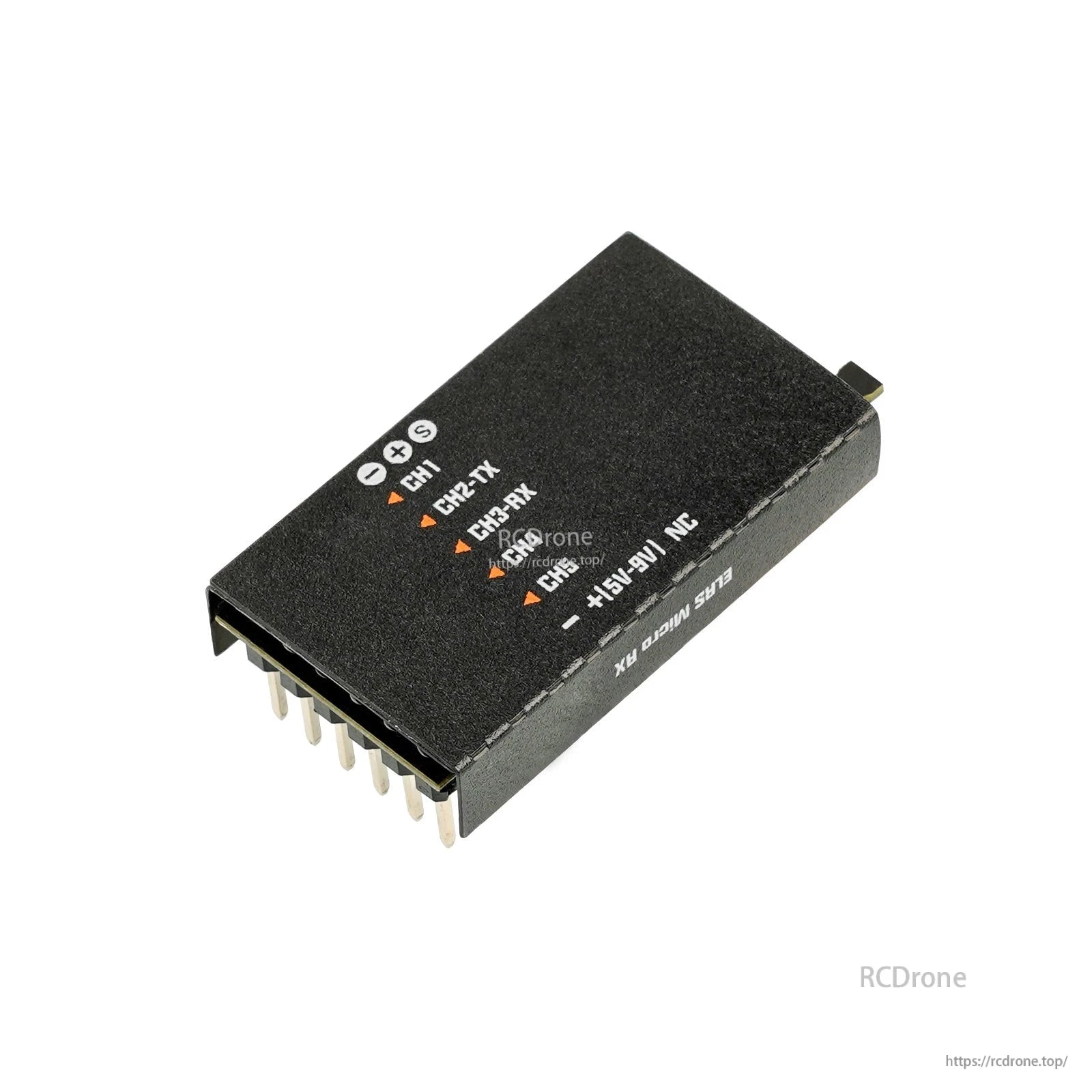 BETAFPV ELRS Micro Receiver bottom view with pinout markings (G, 5V, CH1-CH6, RX/TX)
