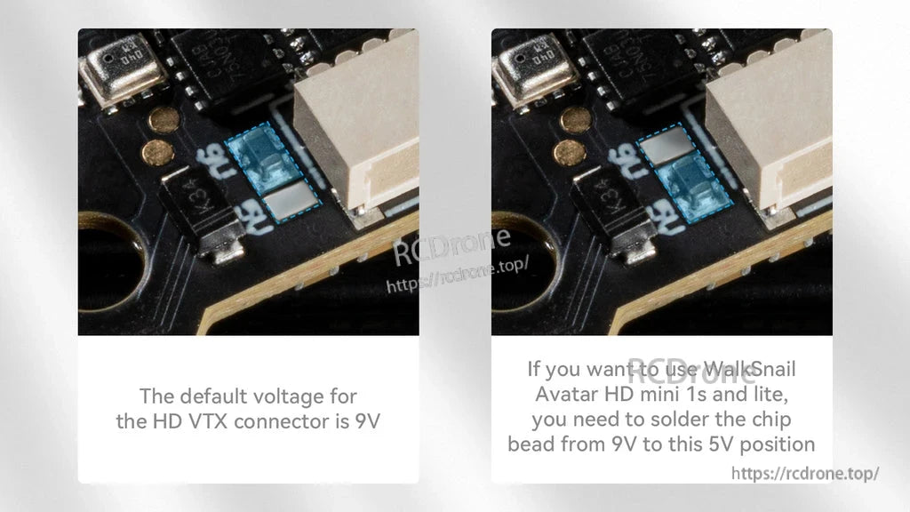 Voltage selection points for HD VTX connector: default 9V position and alternate 5V solder option