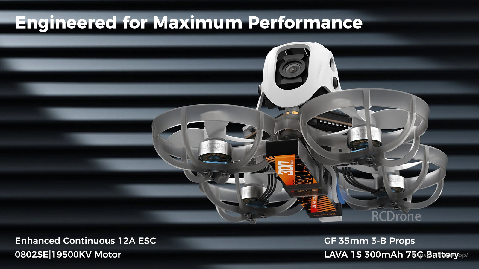 BETAFPV drone features 12A ESC, 19500KV motor, 35mm props, and 300mAh battery for optimal performance.