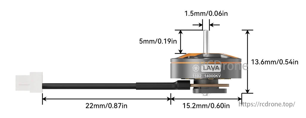BETAFPV LAVA 1102 14000KV 2S brushless FPV motor, dimensions in mm and inches, for high-performance drones.