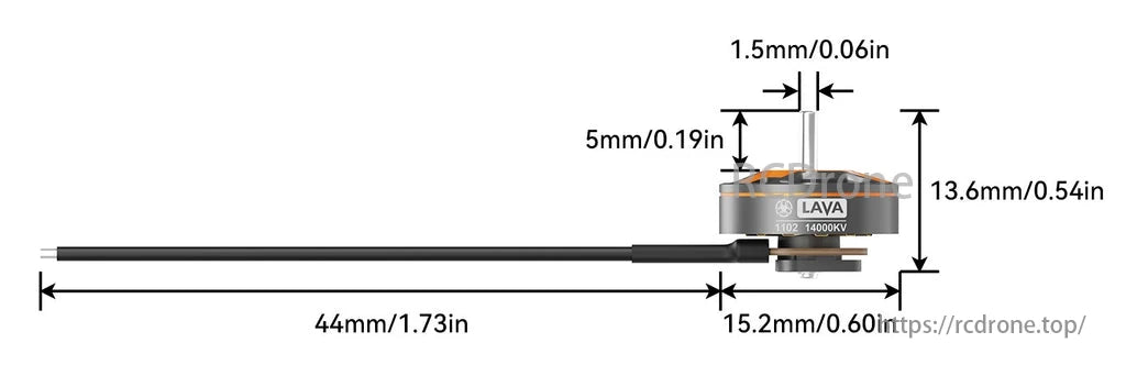 BETAFPV LAVA 1102 14000KV 2S brushless FPV motor measures 44mm x 13.6mm x 15.2mm.