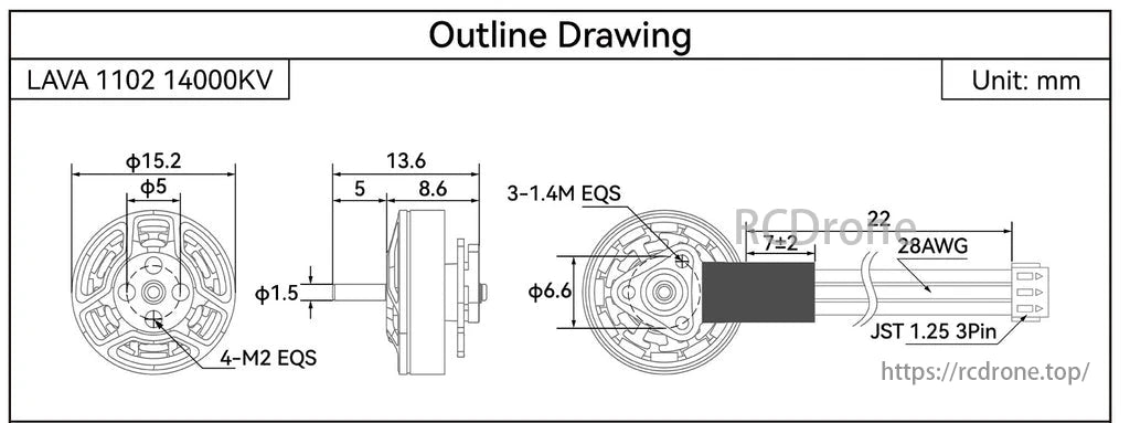 BETAFPV LAVA 1102 14000KV 2S Brushless FPV Motor, LAVA 1102 14000KV motor specs: mm dimensions, 4-M2 EQS holes, 3-1.4M EQS shaft, JST 1.25 3Pin connector.