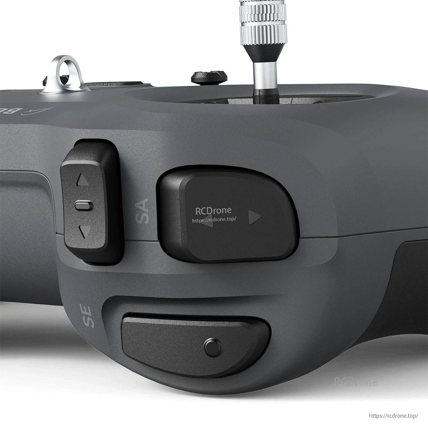 Right-side controls close-up (dark color) showing SA/SE switches and side button layout