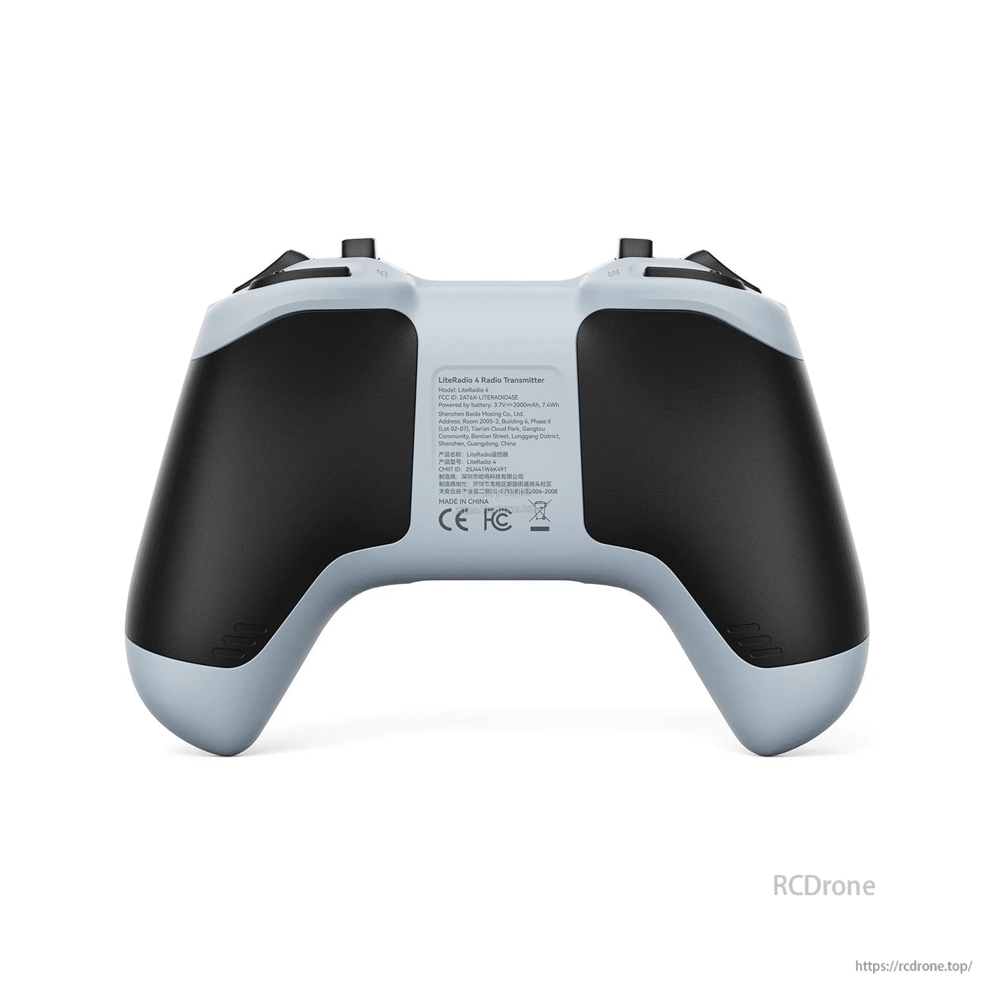 Rear view of LiteRadio 4 transmitter in light color, showing grip shape and rear specification label