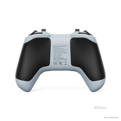 Rear view of LiteRadio 4 transmitter in light color, showing grip shape and rear specification label